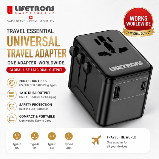 Lifetrons Universal Travel Adapter | All-in-One Plug | Multi-Port Output | Universal Charger for Phones and Cameras