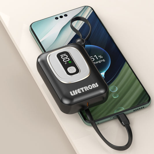 Lifetrons 10000mAh PD 22.5W 口袋自帶線移動電源 | 超輕薄雙內置線數顯