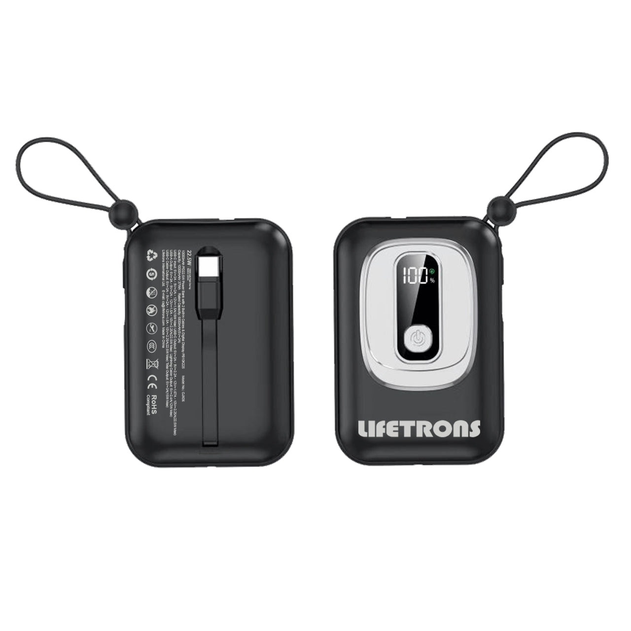 Lifetrons 10000mAh PD 22.5W Pocket Power Bank with Built-in Cables | Ultra-Slim Digital Display