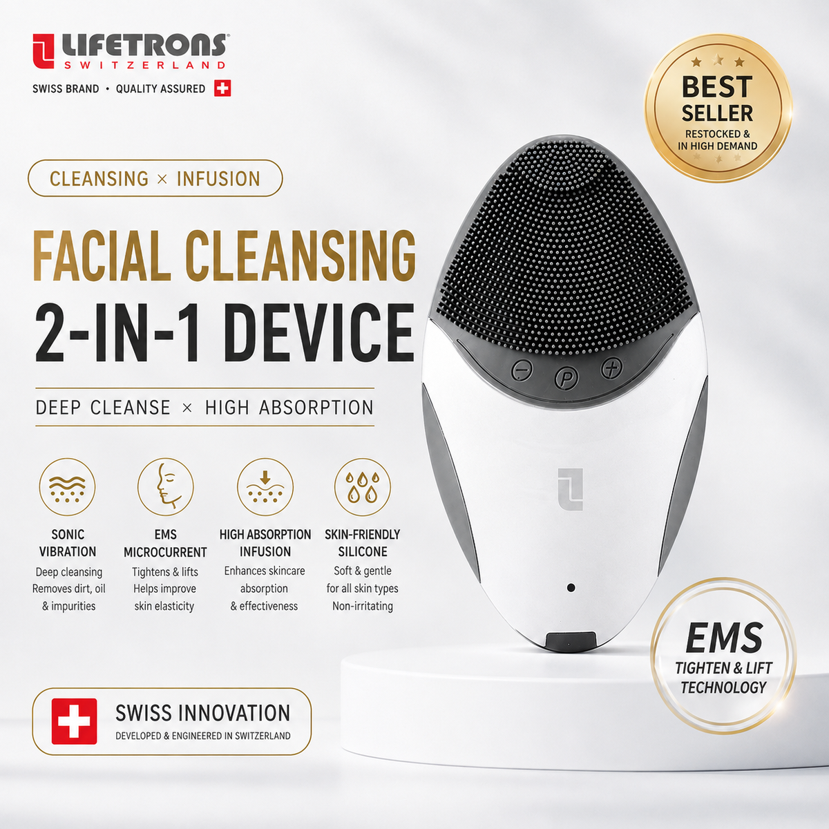 【低敏抗菌矽膠零死角去黑頭粉刺・微電流提拉導入】Lifetrons CMD-100 聲波深層潔面儀